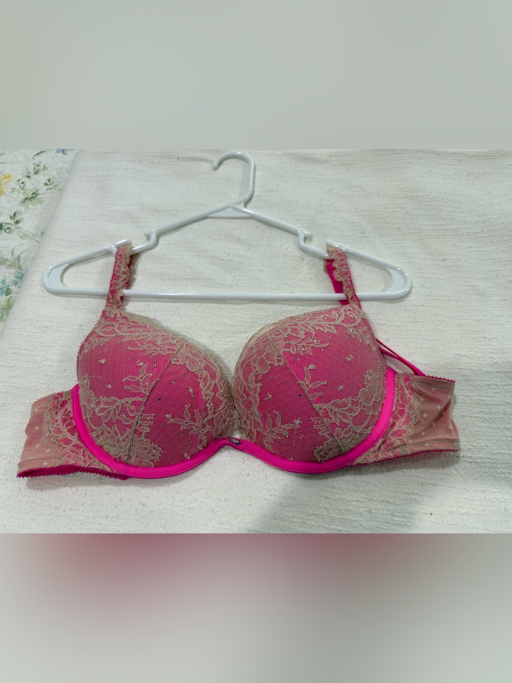 Victoria's Secret Pink Bra with Beige-Gold Lace Overlay
